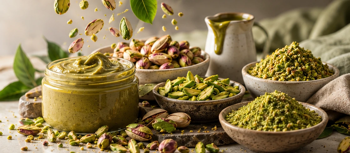 Pistachio paste, kernels, slivers, granules, powder and sauce presented together